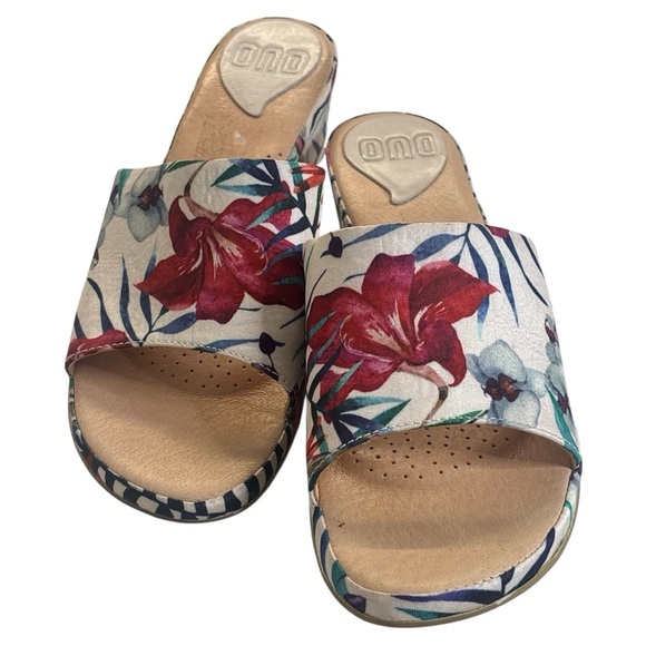 Red and Blue Floral Mules with Cork Sole - Picture 1 of 6